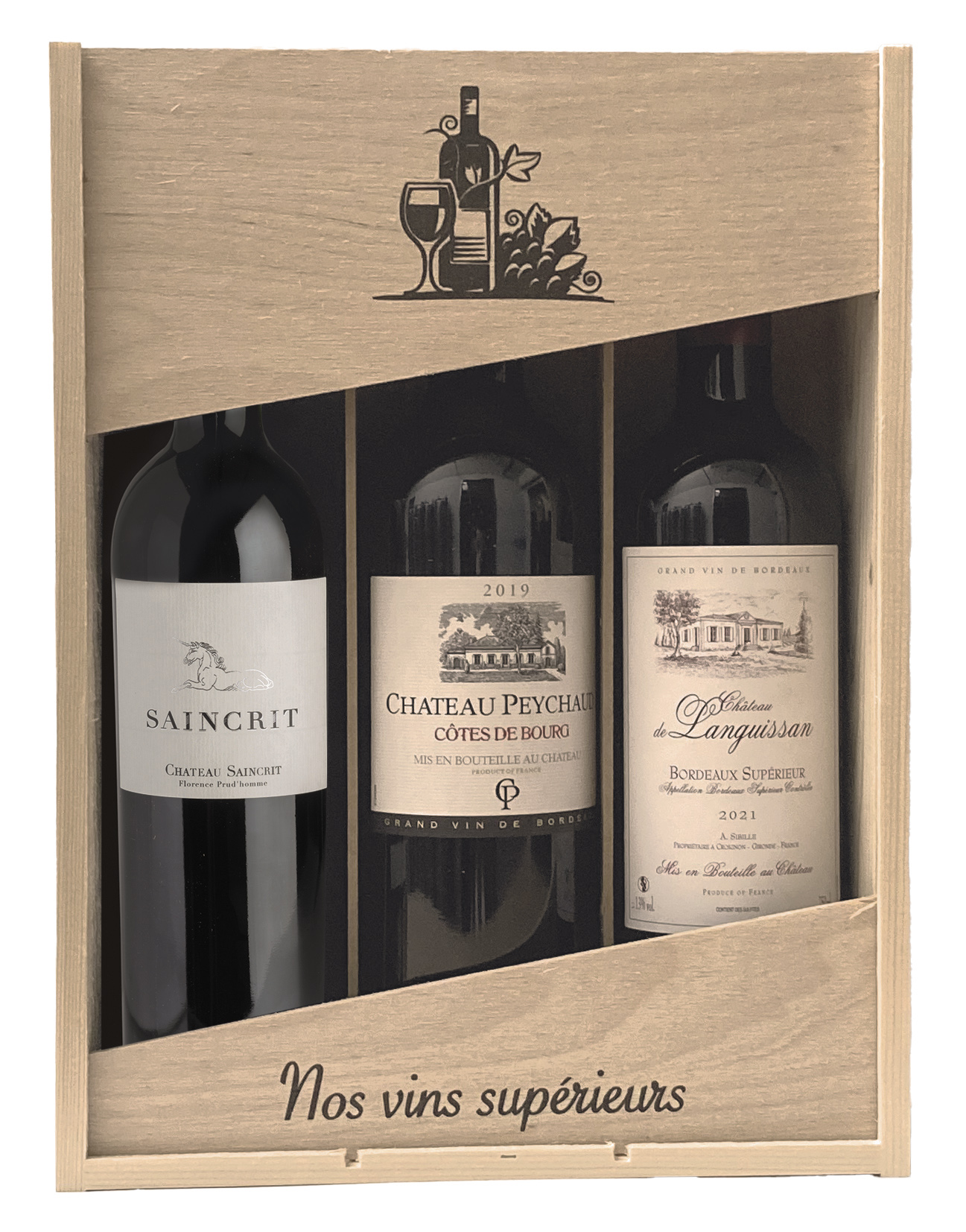 Kist Saincrit / Peychaud / Languissan rood 3 x 75cl